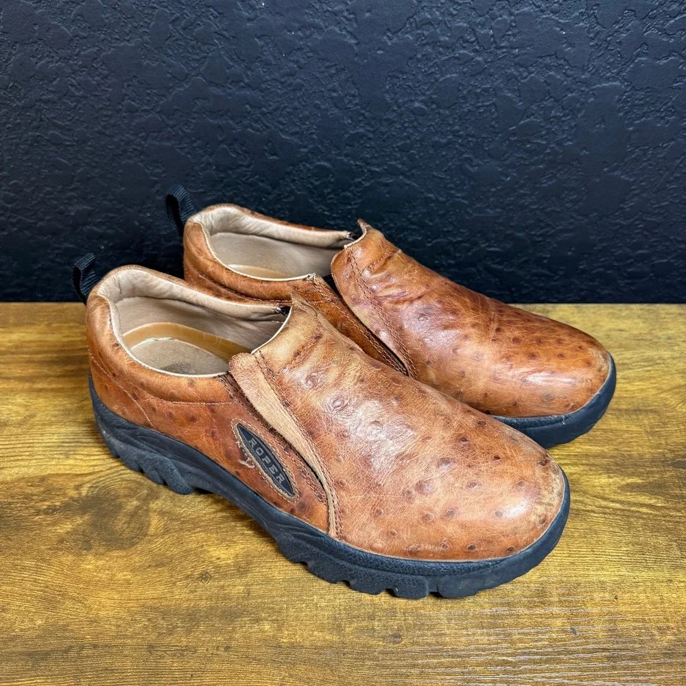 Roper Performance 09-020-0601-0371‎ Brown Ostrich Print Leather Shoes Mens 8.5